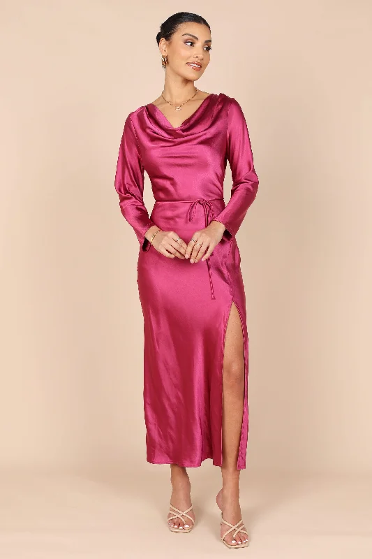 Patia Cowl Neck Long Sleeve Midi Dress - Fuchsia Trendy Mock Neck Midi Dress