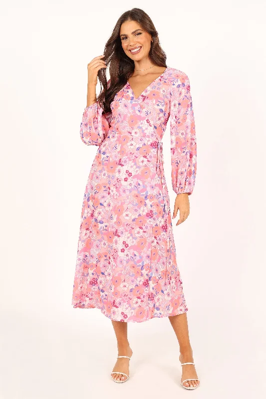 Phiona Long Sleeve Midi Dress - Pink Floral Trendy Bodycon Midi Dress