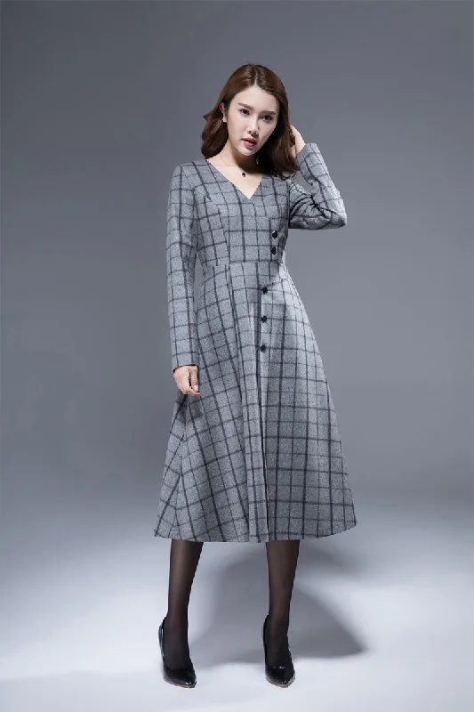 plaid dress, wool dress, winter dress, tiered dress, midi dress, V neck dress,  1813 Fashionable Off-Shoulder Dress Midi