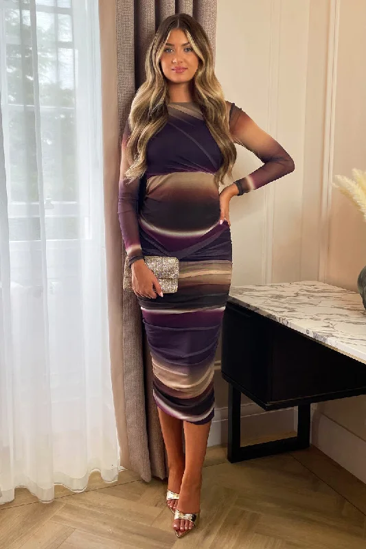 Plum Abstract Print Mesh Long Sleeve Bodycon Midi Dress Fashionable Off-Shoulder Dress Midi