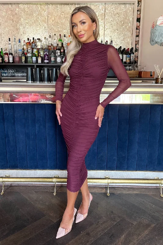 Plum High Neck Long Sleeve Ruched Bodycon Mesh Midi Dress Elegant Pleated Sleeve Midi Dress