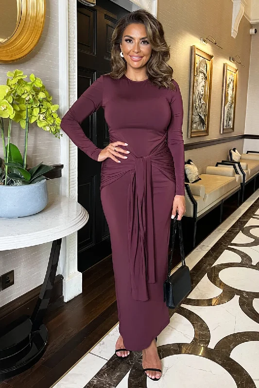 Plum Long Sleeve Sash Bodycon Midi Dress Trendy Tiered Hem Midi Dress