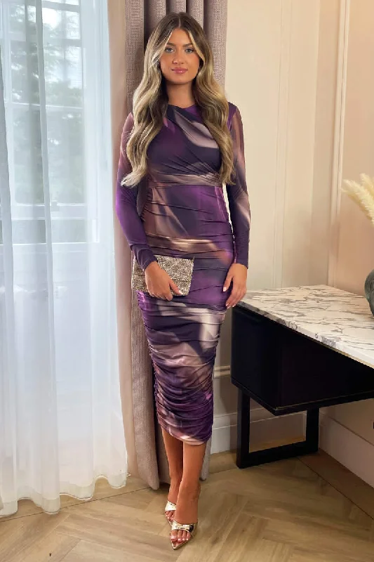 Plum Printed Long Sleeve Ruched Bodycon Midi Dress Trendy Boho Midi Dress