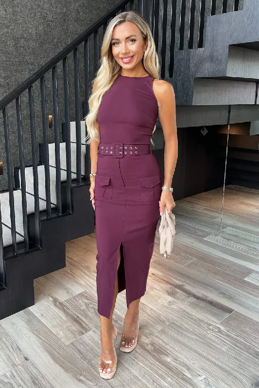 Plum Round Neck Belted Bodycon Cargo Midi Dress Trendy Square Neck Midi Dress