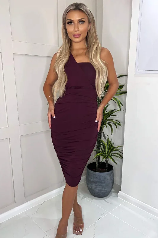 Plum Shoulder Ruched Bodycon Midi Dress Comfortable Geometric Print Midi Dress