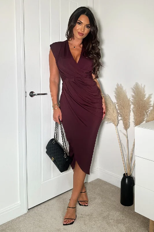 Plum Wrap Draped Midi Dress Comfortable Empire Waist Midi Dress