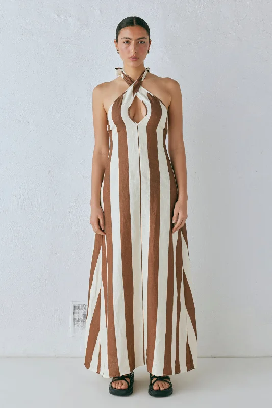 Polly Linen Maxi Dress Stripe Elegant Maxi Dress with Pockets