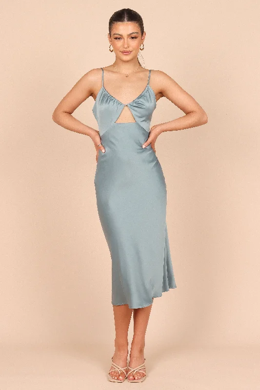 Poppy Cut Out Midi Dress - Blue Comfortable Draped Midi Dress