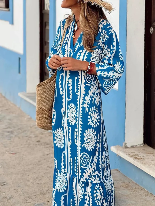 Printed Notched Half Sleeve Maxi Dress Stylish Off-Shoulder Maxi Dress