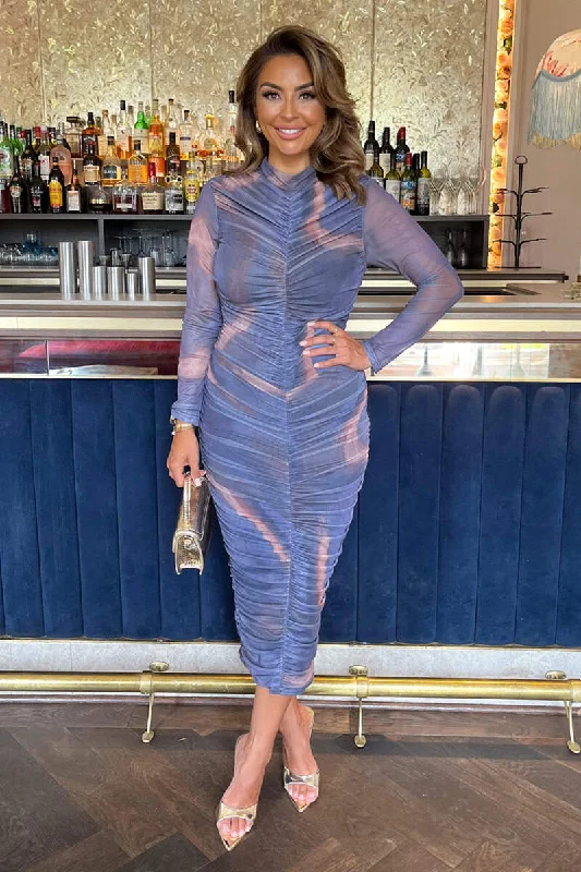 Purple Tie Dye Print High Neck Long Sleeve Ruched Midi Dress Fashionable Sheer Sleeve Midi Dress