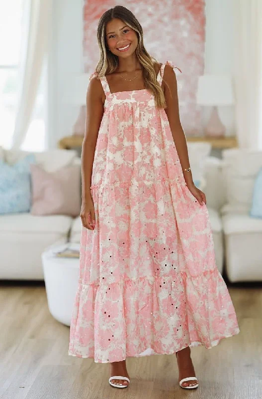 Queen of My Heart Maxi Dress - Pink and Cream Elegant Tiered Maxi Dress