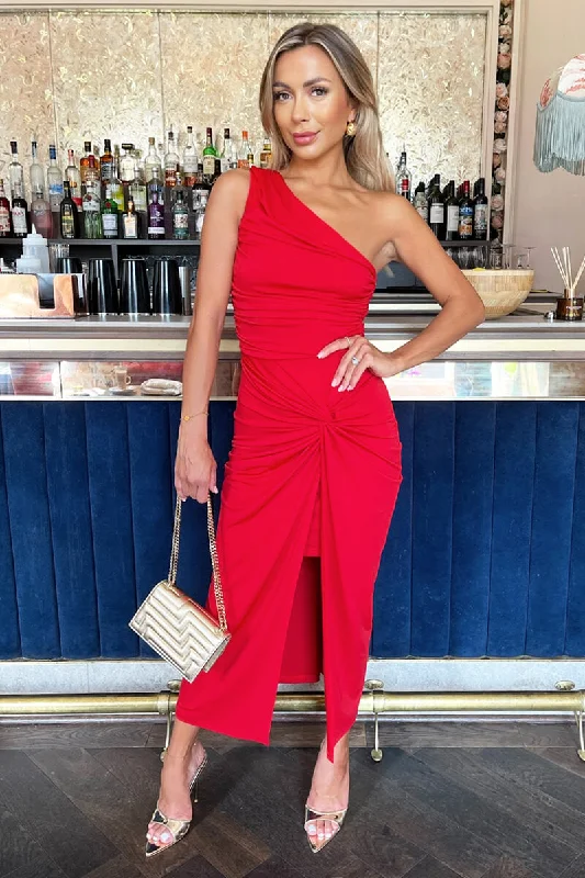 Red One Shoulder Knot Skirt Midi Dress Elegant Velvet Midi Dress