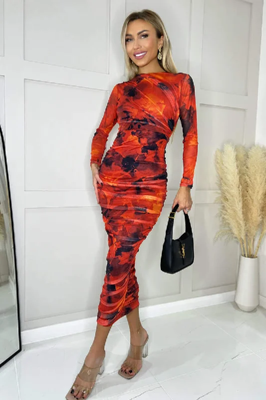 Red Printed Mesh Long Sleeve Bodycon Midi Dress Stylish Tiered Midi Dress