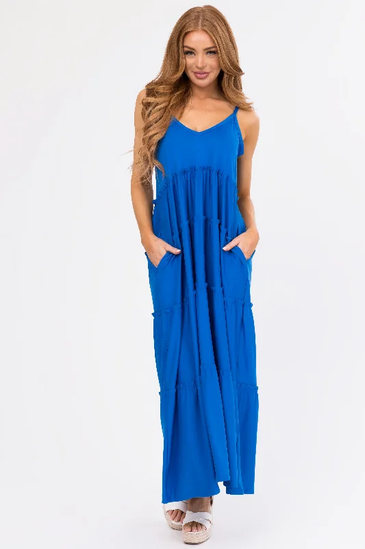 Royal Blue V Neck Babydoll Tiered Maxi Dress Cozy Ruffle Sleeve Maxi Dress