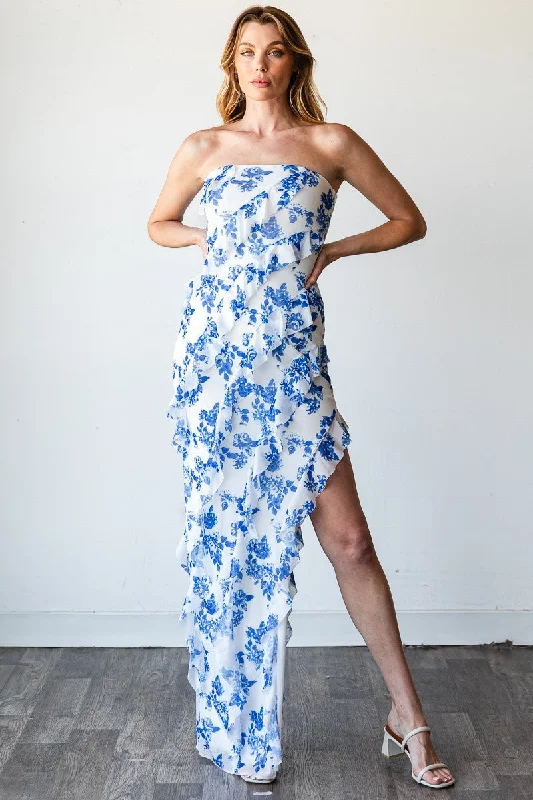 Santorini Floral Maxi Dress - Blue Classic Strapless Maxi Dress