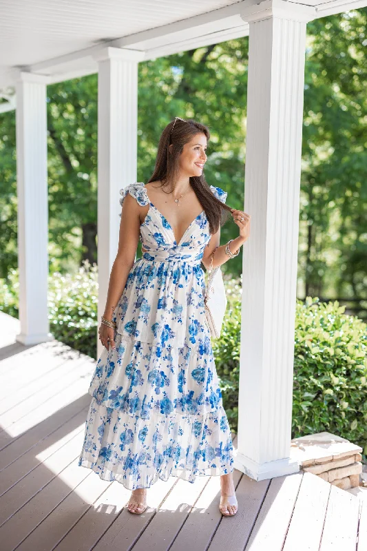 Satin Florals Blue Maxi Dress Fashionable High-Low Maxi Dress