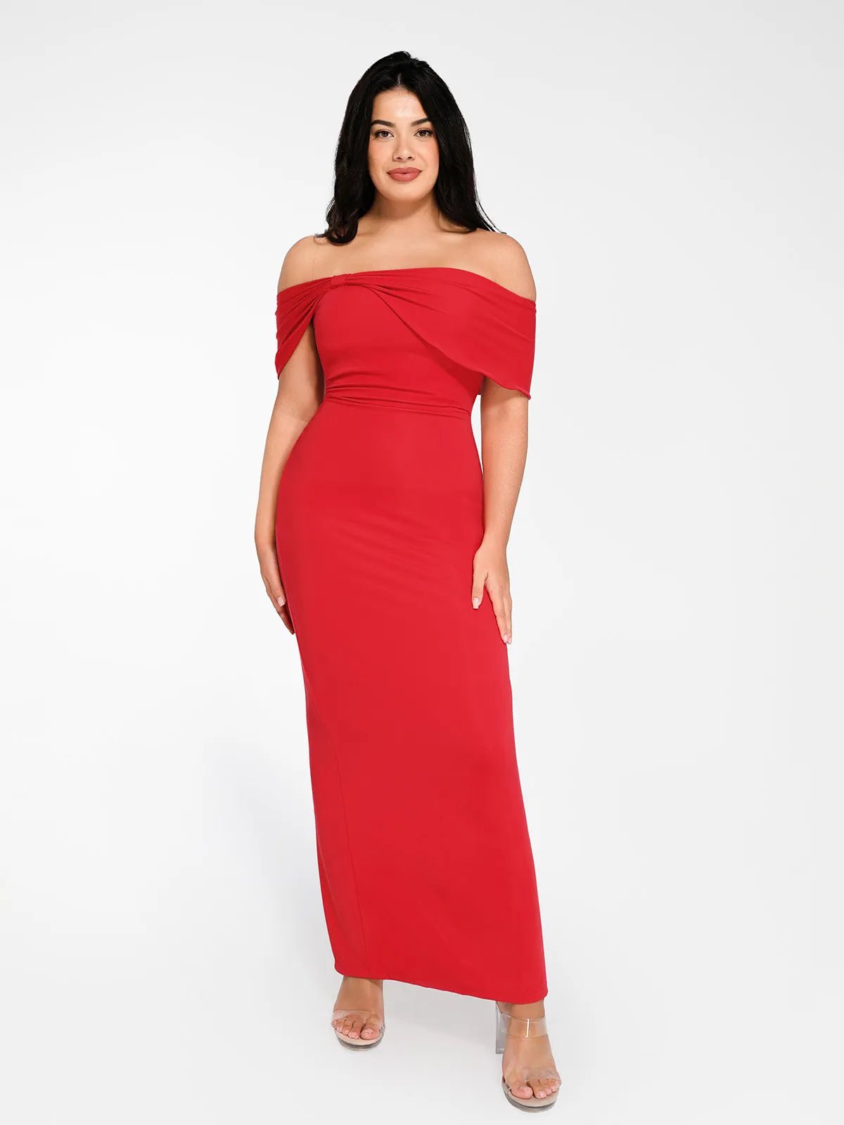 Shapewear Off-the-Shoulder Slim Column Maxi Dress Cozy Knitted Maxi Dress