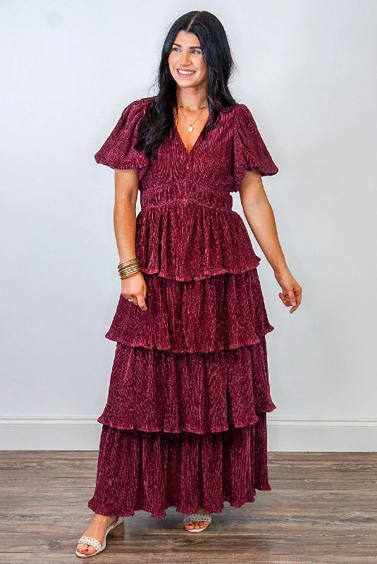 Holiday Shimmer Burgundy Maxi Dress Stylish V-Neck Maxi Dress