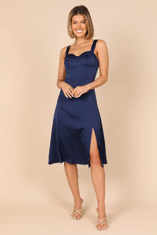 Siobhan Midi Dress - Navy Trendy Off-Shoulder Button Midi Dress