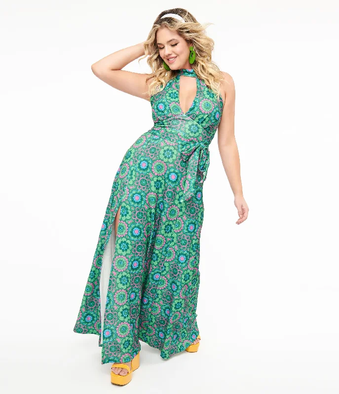 Smak Parlour 1960s Emerald Floral Halter Maxi Dress Cozy Wrap Maxi Dress