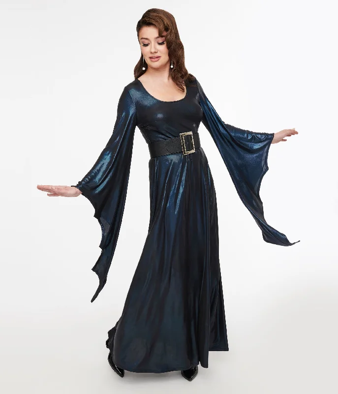 Smak Parlour Y2K Iridescent Dark Blue Bat Wing Sleeve Maxi Dress Elegant Lace Maxi Dress