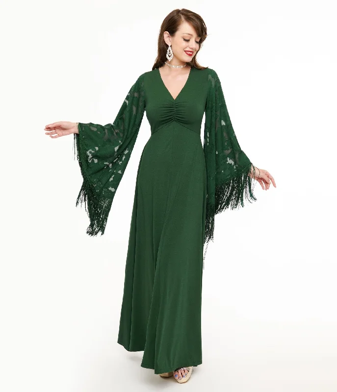 Smak Parlour 1970s Green Fringe Sleeve Maxi Dress Fashionable High-Waist Maxi Dress