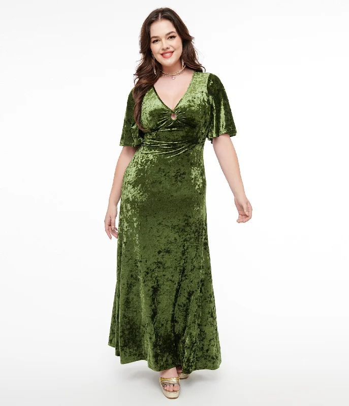 Smak Parlour 1970s Mossy Green Velvet Cutout Maxi Dress Elegant Maxi Dress with Lace