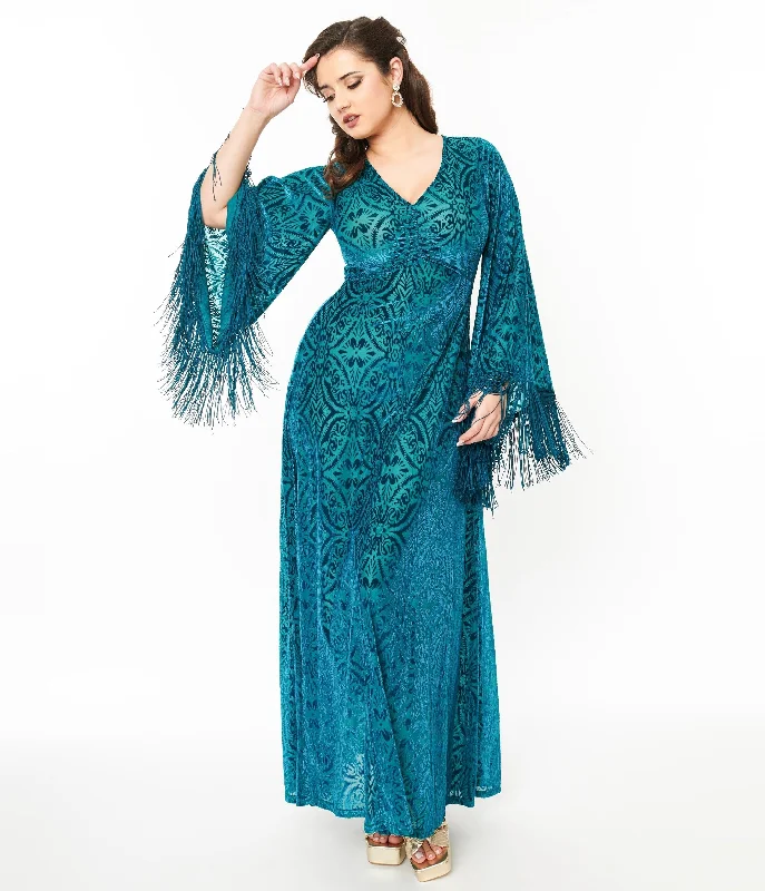 Smak Parlour 1970s Teal Floral Fringe Sleeve Maxi Dress Trendy A-Line Maxi Dress