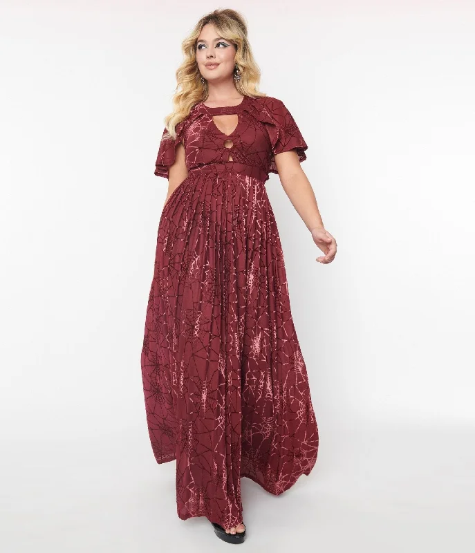 Smak Parlour 1970s Burgundy & Velvet Spiderweb Cape Maxi Dress Cozy Maxi Dress with Slit