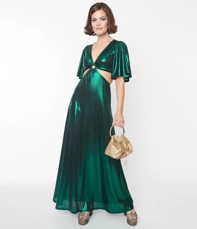 Smak Parlour 1970s Metallic Emerald Green Knit Maxi Dress Classic Black Maxi Dress