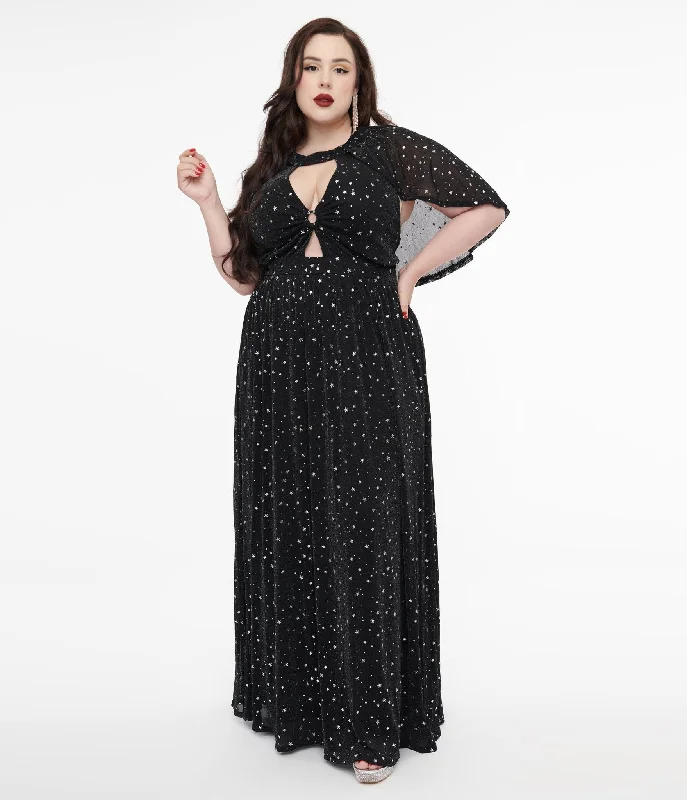 Smak Parlour Plus Size 1970s Black & Silver Star Cape Maxi Dress Fashionable Open-Back Maxi Dress