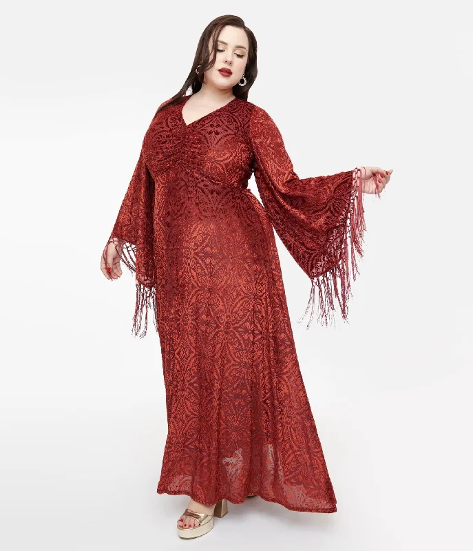 Smak Parlour Plus Size 1970s Burgundy Velvet Burnout Fringe Sleeve Maxi Dress Cozy Spaghetti Strap Maxi Dress