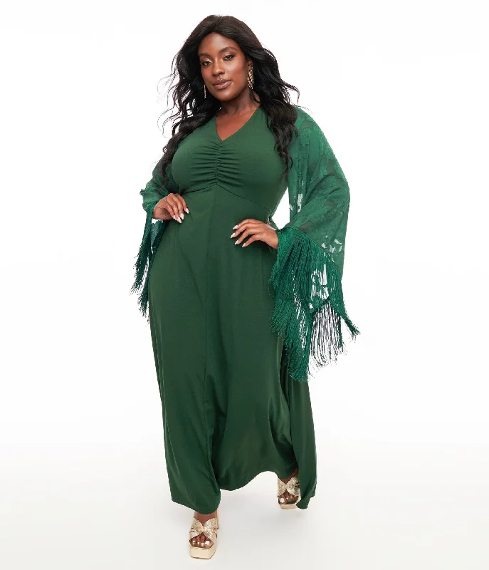 Smak Parlour Plus Size 1970s Green Fringe Sleeve Maxi Dress Cozy Knit Maxi Dress