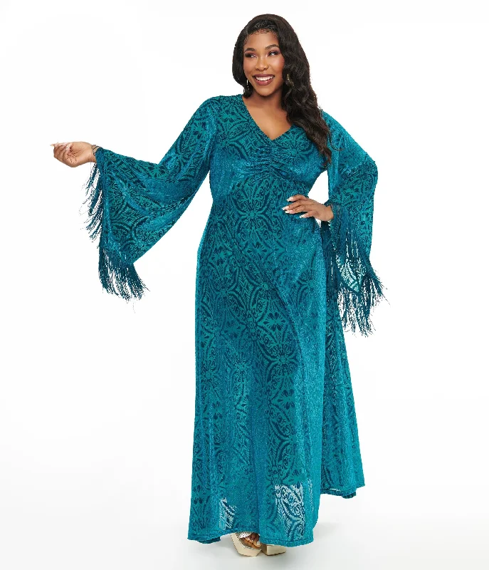 Smak Parlour Plus Size 1970s Teal Floral Fringe Sleeve Maxi Dress Fashionable Off-Shoulder Maxi Dress