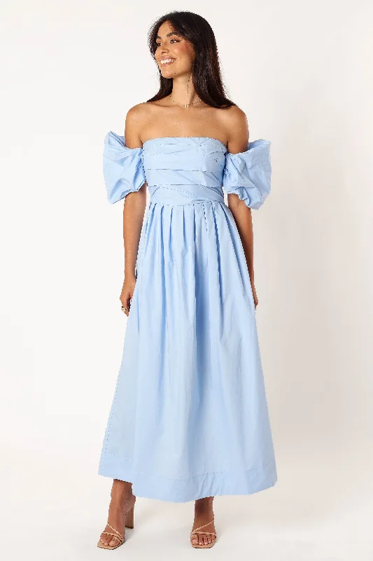 Solana Off Shoulder Midi Dress - Blue Comfortable Empire Waist Midi Dress