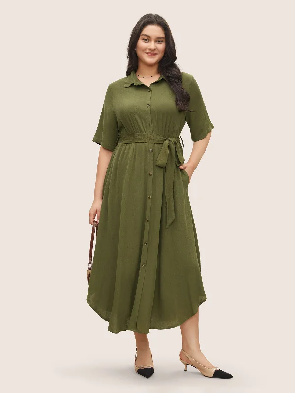 Solid Button Pocket Shirt Collar Belted Maxi Dress Cozy Spaghetti Strap Maxi Dress