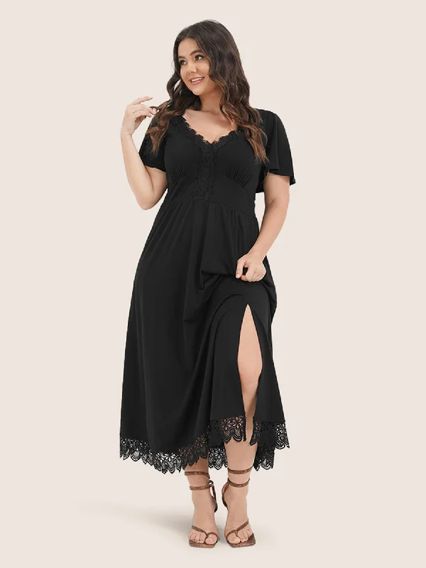 Solid Pocket Contrast Lace Split Maxi Dress Elegant Sleeveless Maxi Dress