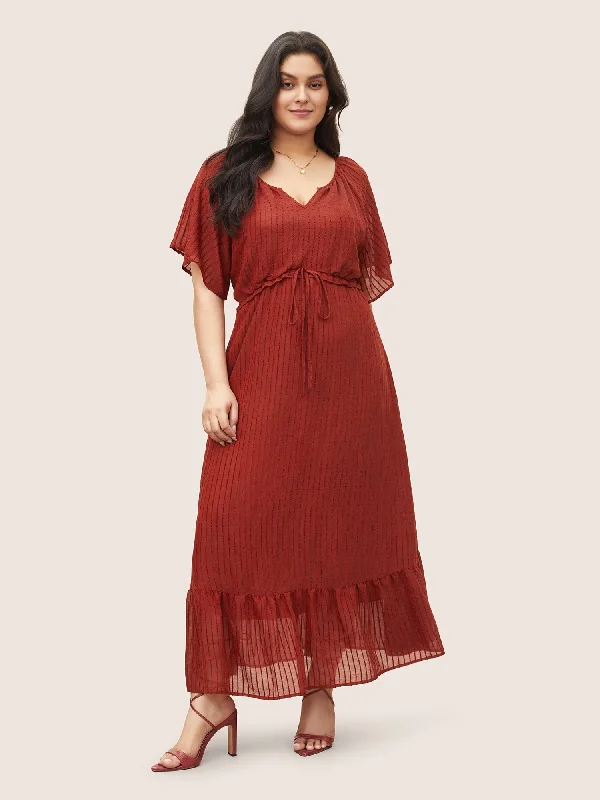 Solid Striped Notched Ties Up Pocket Flutter Maxi Dress Chic Off-Shoulder Maxi Dress