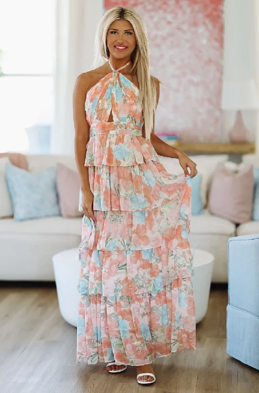 Stay True to You Maxi Dress - Peach and Light Blue Cozy Knit Maxi Dress