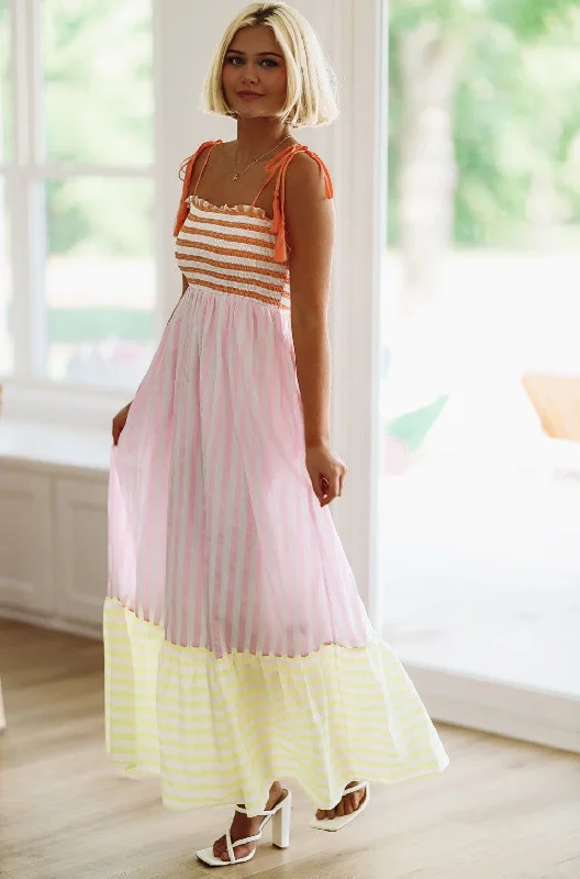 Striped Sherbet Maxi Dress - Pink, Orange and Yellow Trendy Button Front Maxi Dress