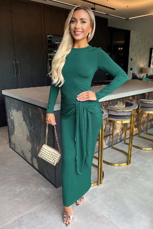 Teal Long Sleeve Sash Bodycon Midi Dress Trendy Ruffled Sleeve Midi Dress