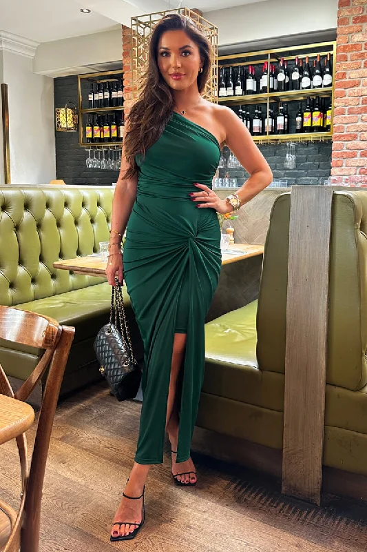 Teal One Shoulder Knot Skirt Midi Dress Elegant Maxi-Midi Hybrid Dress