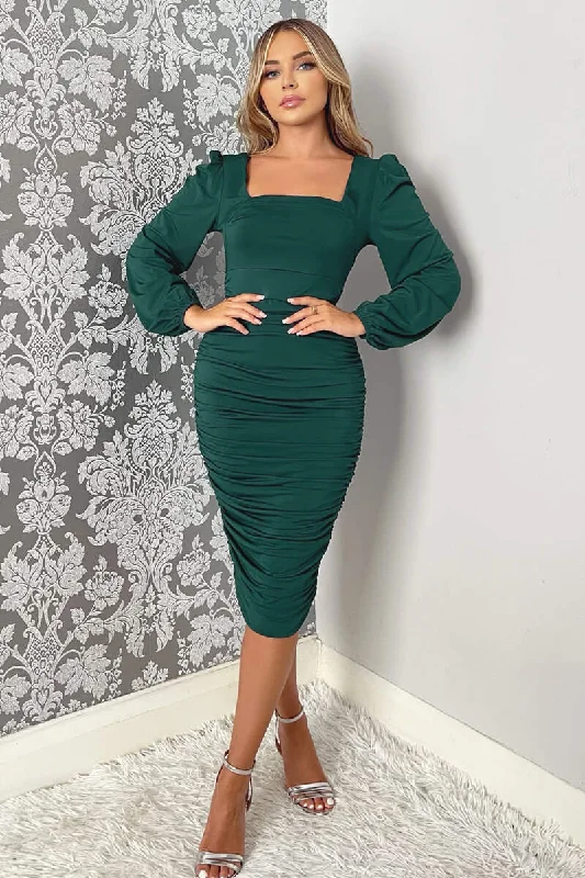 Teal Square Neck Ruched Long Sleeve Midi Dress Stylish Silk Midi Dress