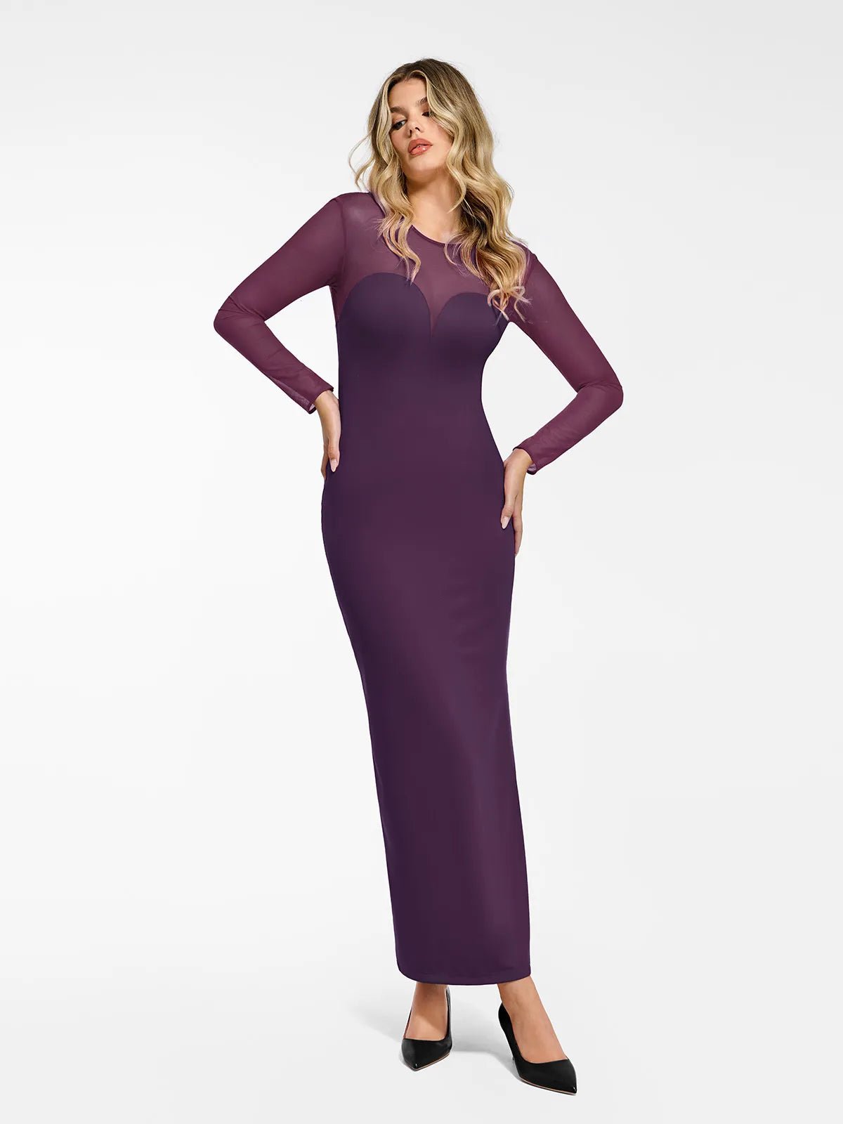 Shapewear Mesh Long Sleeve V-Back Slimming Maxi Dress Fashionable Asymmetrical Maxi Dress