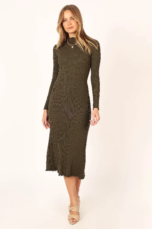 Theo Long Sleeve Midi Dress - Khaki Trendy Smocked Detail Midi Dress