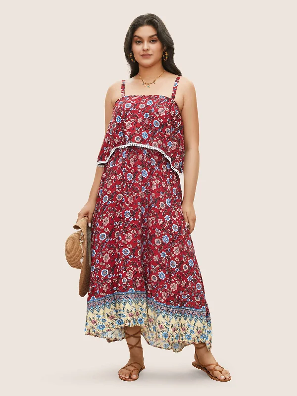 Bandana Print Spaghetti Strap Pocket Ruffles Asymmetrical Hem Maxi Dress Trendy Off-Shoulder Ruffle Maxi Dress