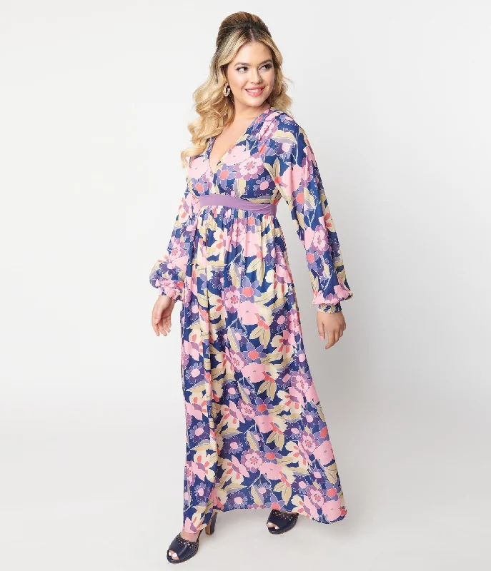 Unique Vintage 1970s Navy & Purple Floral Print Buttercup Maxi Dress Trendy Maxi Dress with Straps