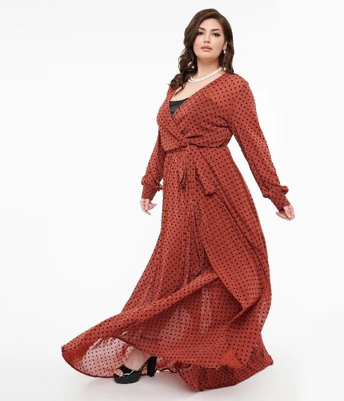 Unique Vintage Plus Size 1970s Rust & Black Polka Dot Farrah Maxi Dress Elegant Maxi Dress with Pockets