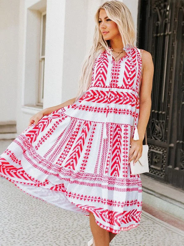 Geometric Print V-Neck Maxi Dress With Lace-Up Fringe Pockets Comfortable Plunging Neckline Maxi Dress