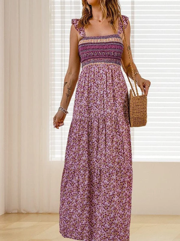 Waist Slimming Floral Print Square Neck Maxi Dress With Ruffled Backless Detail Trendy Button Front Maxi Dress